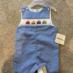 Blue Gingham Kids One-Piece Bodysuit with Smocked Cars